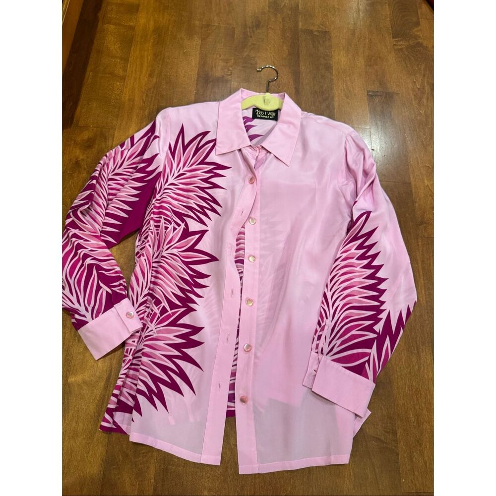 Vintage Bob Mackie Wearable Art 100% Silk Pink Tropical Palm Print Blouse Size M